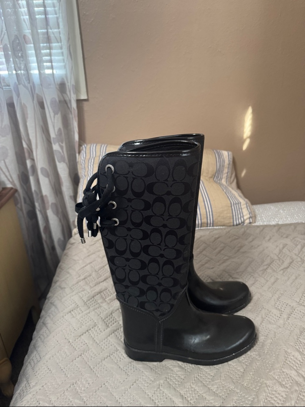 Coach Black Tall Signature Lace-Back Rain Boots